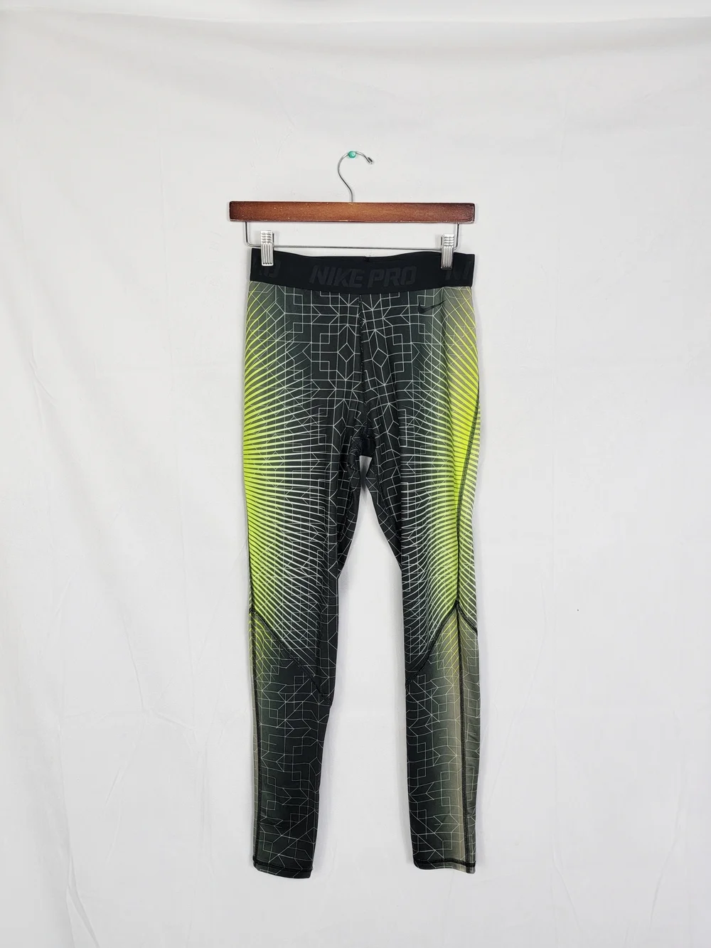 Women's Medium Nike Pro Black & Neon Yellow Geometric Compression Leggings